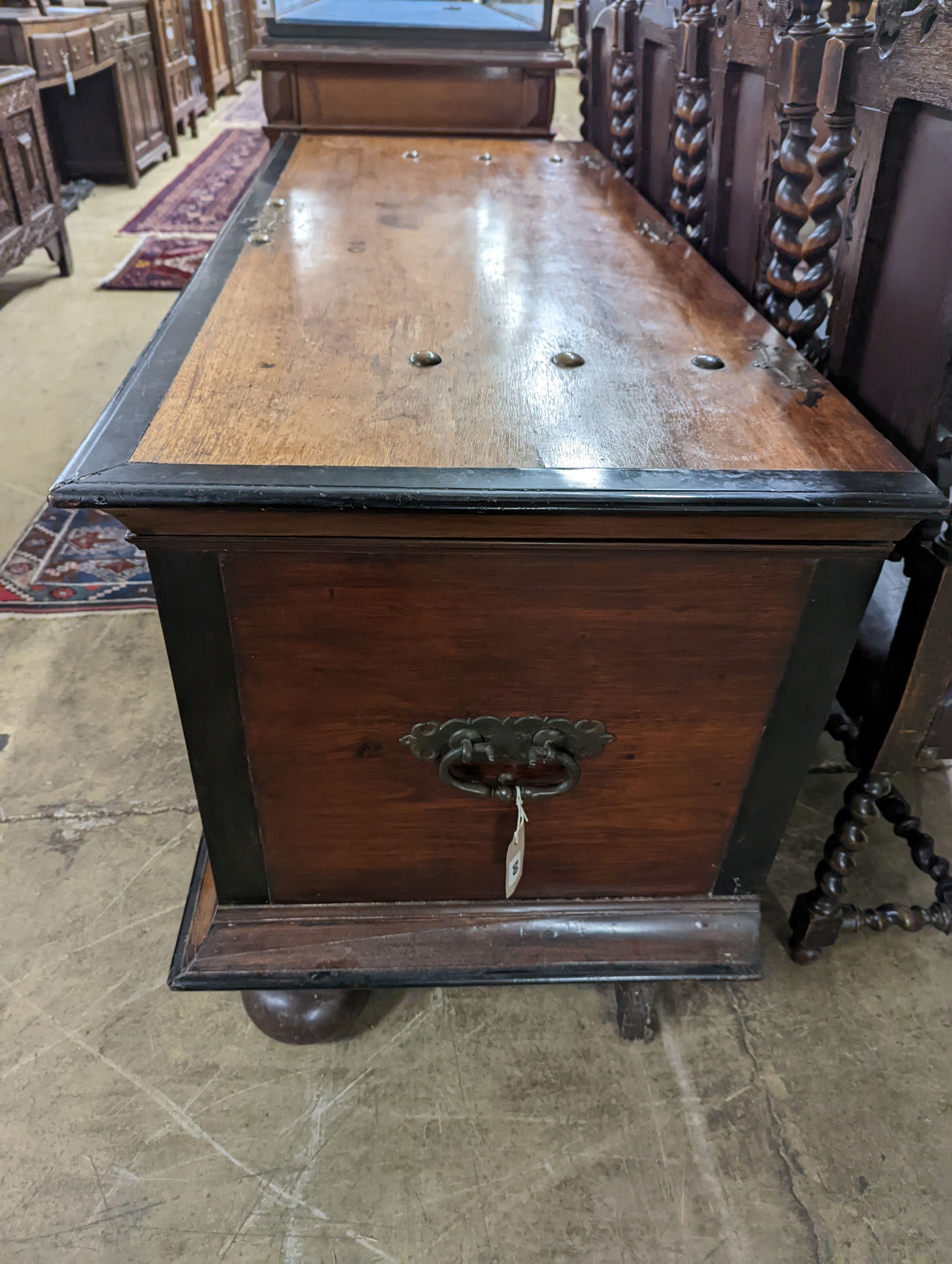 A 19th century Dutch mahogany and parcel ebonised coffer. W-154cm, D-62cm, H-76cm.